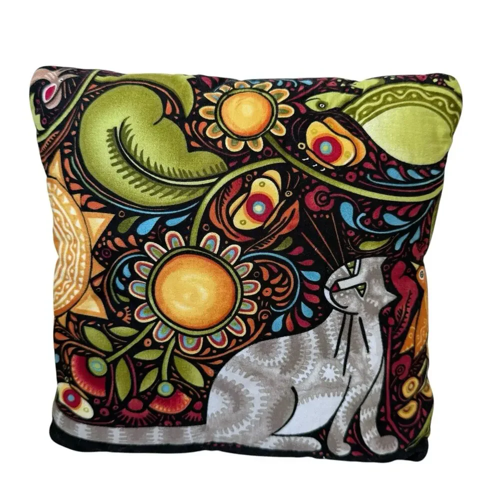 Folk Art Quilted Cat Bird Pillows Set Of 2 Black Multicolored 9” Square